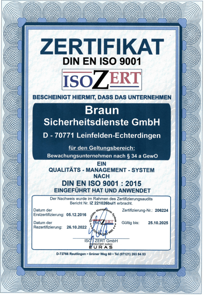 Sicherheitsdienste-Braun Zertifikat