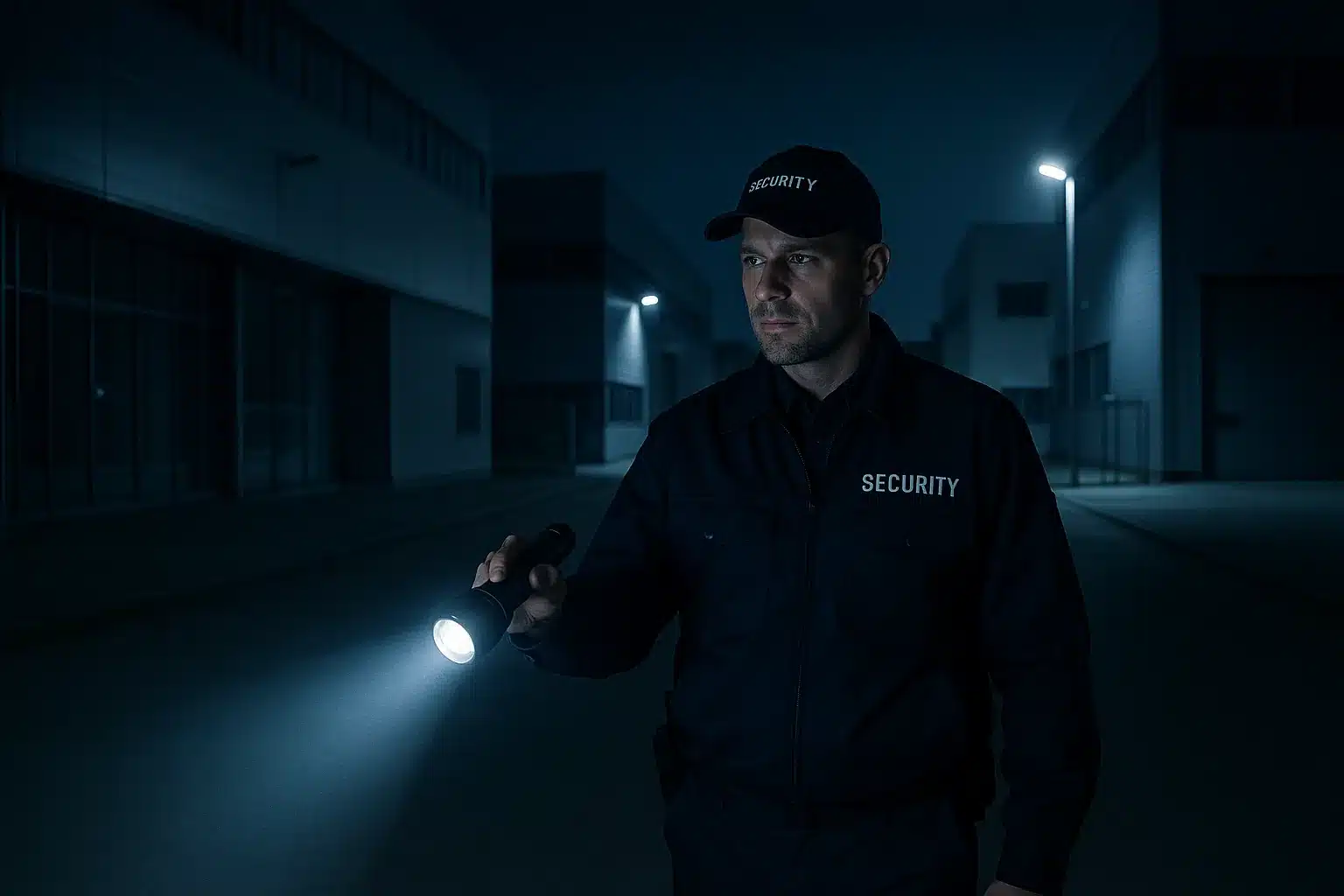 Wachmann kontrolliert nachts per Taschenlampe Außengelände eines Industrieparks, moderne Gebäude, kühle Blautöne, professionelle Fotografie, 4K Qualität