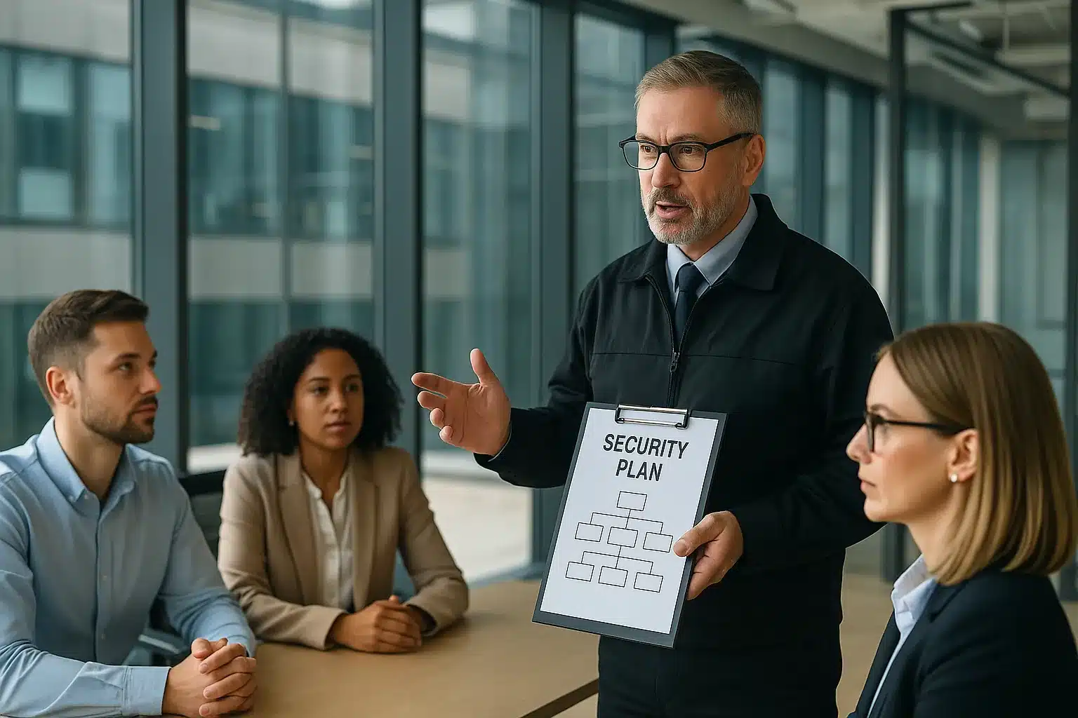 Sicherheitsberater erklärt Mitarbeitern in modernem Büro mit Glasfassade das Sicherheitskonzept, natürliches Tageslicht, professionelle Fotografie, 4K Qualität
Meta Title: Sicherheitskonzept rechtlich: Unterschätzte Pflichten Stuttgart
Meta Description: Welche rechtlichen Pflichten bei Sicherheitskonzepten oft übersehen werden. Über 40 Jahre Erfahrung in Stuttgart. Jetzt Haftungsrisiken vermeiden!
seriös, dezent, professionell und nicht immer security mann UND vor allem nicht viel text weil da immer fehler drin sind